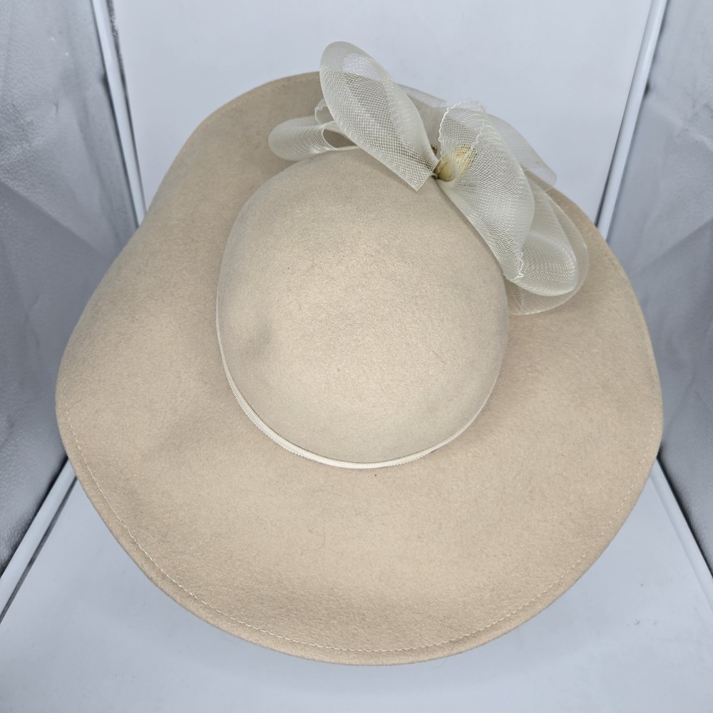 Vtg Bollman 100% Wool Doeskin Felt Wide Brim Hat Tan Neutral Tulle Sequins Glam - Picture 4 of 9
